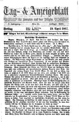 Tag- und Anzeigeblatt für Kempten und das Allgäu Freitag 19. April 1867