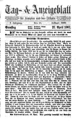 Tag- und Anzeigeblatt für Kempten und das Allgäu Samstag 27. April 1867