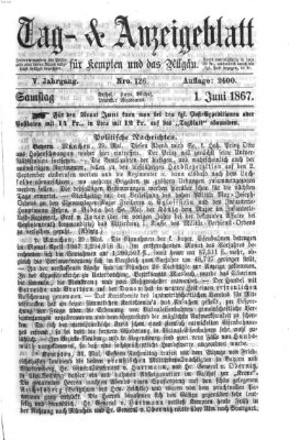 Tag- und Anzeigeblatt für Kempten und das Allgäu Samstag 1. Juni 1867