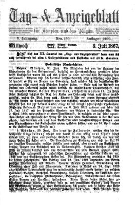 Tag- und Anzeigeblatt für Kempten und das Allgäu Mittwoch 3. Juli 1867