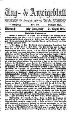 Tag- und Anzeigeblatt für Kempten und das Allgäu Mittwoch 21. August 1867