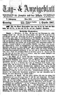 Tag- und Anzeigeblatt für Kempten und das Allgäu Sonntag 1. September 1867
