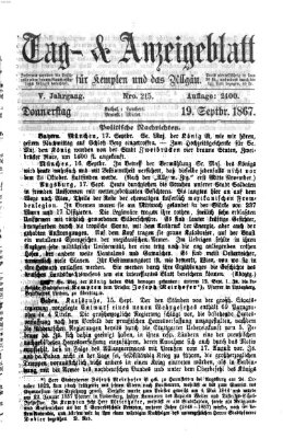 Tag- und Anzeigeblatt für Kempten und das Allgäu Donnerstag 19. September 1867