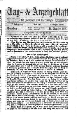 Tag- und Anzeigeblatt für Kempten und das Allgäu Samstag 21. September 1867