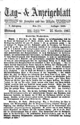 Tag- und Anzeigeblatt für Kempten und das Allgäu Mittwoch 27. November 1867
