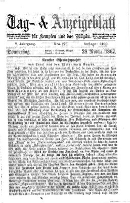Tag- und Anzeigeblatt für Kempten und das Allgäu Donnerstag 28. November 1867