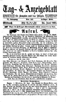 Tag- und Anzeigeblatt für Kempten und das Allgäu Mittwoch 24. Juni 1868