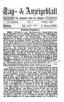 Tag- und Anzeigeblatt für Kempten und das Allgäu Freitag 3. Januar 1868
