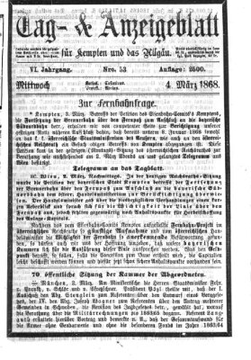 Tag- und Anzeigeblatt für Kempten und das Allgäu Mittwoch 4. März 1868