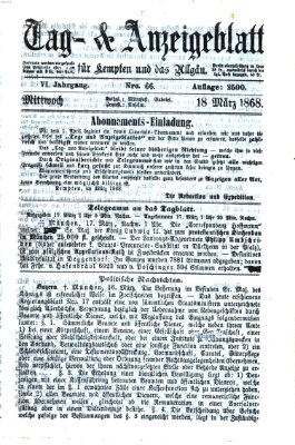 Tag- und Anzeigeblatt für Kempten und das Allgäu Mittwoch 18. März 1868