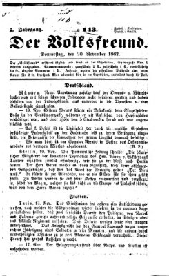 Der Volksfreund Donnerstag 20. November 1862