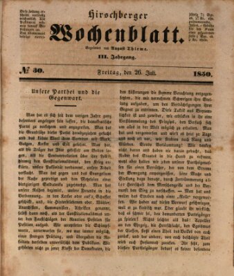 Hirschberger Wochenblatt Freitag 26. Juli 1850