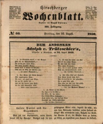 Hirschberger Wochenblatt Freitag 16. August 1850