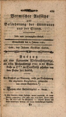 Vermischte Aufsätze zur Beförderung der Litteratur und der Sitten Samstag 6. Januar 1781