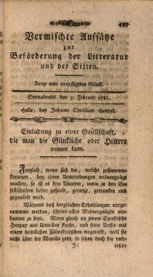 Vermischte Aufsätze zur Beförderung der Litteratur und der Sitten Samstag 3. Februar 1781