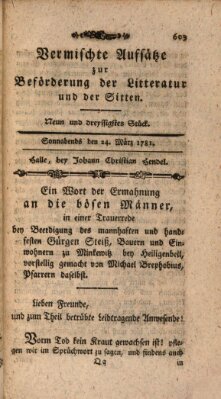 Vermischte Aufsätze zur Beförderung der Litteratur und der Sitten Samstag 24. März 1781