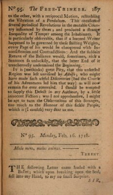 The free thinker or essays of wit and humour Donnerstag 16. Februar 1719
