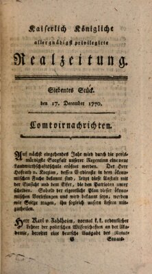 K.K. allerg. privil. Realzeitung der Wissenschaften und Künste Montag 17. Dezember 1770