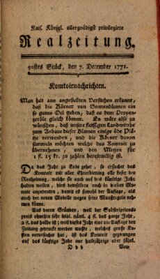 K.K. allerg. privil. Realzeitung der Wissenschaften und Künste Samstag 7. Dezember 1771