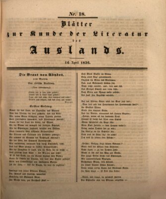 Blätter zur Kunde der Literatur des Auslands (Das Ausland) Samstag 16. April 1836