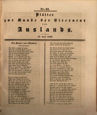 Blätter zur Kunde der Literatur des Auslands (Das Ausland) Mittwoch 27. April 1836
