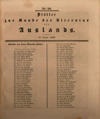 Blätter zur Kunde der Literatur des Auslands (Das Ausland) Samstag 27. August 1836
