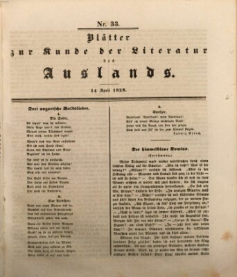 Blätter zur Kunde der Literatur des Auslands (Das Ausland) Samstag 14. April 1838