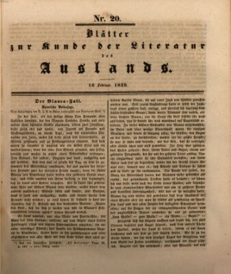 Blätter zur Kunde der Literatur des Auslands (Das Ausland) Samstag 16. Februar 1839