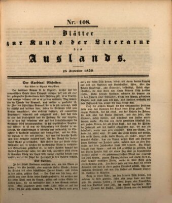 Blätter zur Kunde der Literatur des Auslands (Das Ausland) Mittwoch 25. September 1839