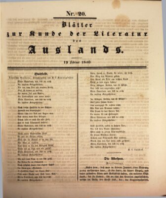 Blätter zur Kunde der Literatur des Auslands (Das Ausland) Mittwoch 19. Februar 1840