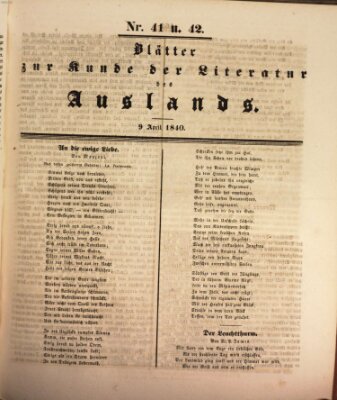 Blätter zur Kunde der Literatur des Auslands (Das Ausland) Donnerstag 9. April 1840