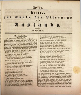 Blätter zur Kunde der Literatur des Auslands (Das Ausland) Mittwoch 29. April 1840