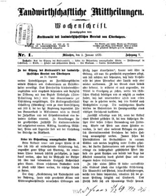 Landwirthschaftliche Mittheilungen Sonntag 2. Januar 1870