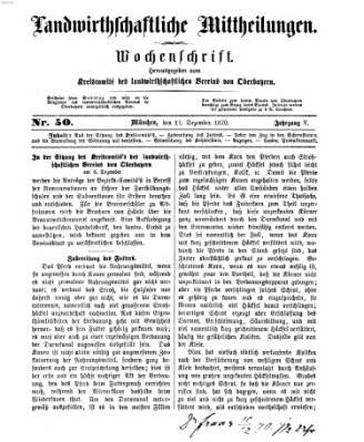 Landwirthschaftliche Mittheilungen Sonntag 11. Dezember 1870