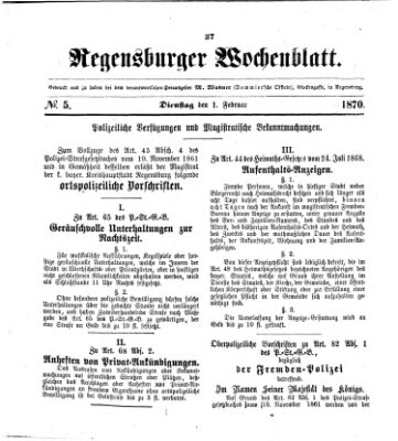Regensburger Wochenblatt Dienstag 1. Februar 1870