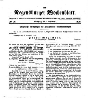 Regensburger Wochenblatt Dienstag 6. September 1870
