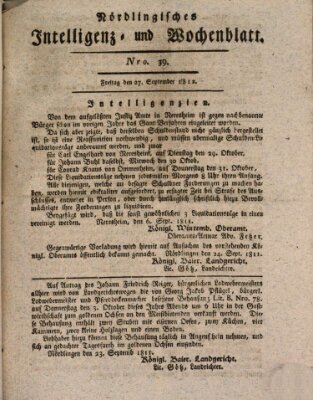Nördlingisches Intelligenz- und Wochenblatt (Intelligenzblatt der Königlich Bayerischen Stadt Nördlingen) Freitag 27. September 1811
