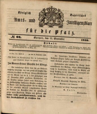 Königlich bayerisches Amts- und Intelligenzblatt für die Pfalz Sonntag 13. September 1846