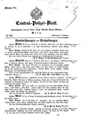Zentralpolizeiblatt Montag 1. Oktober 1855