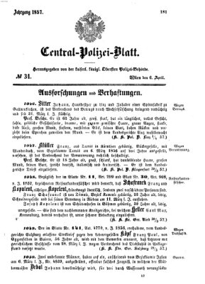 Zentralpolizeiblatt Montag 6. April 1857