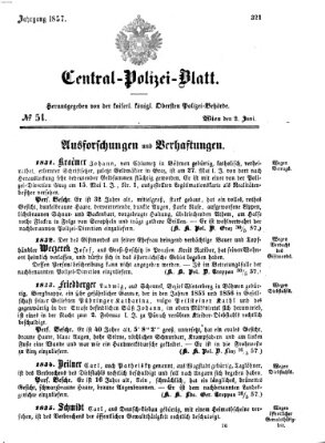 Zentralpolizeiblatt Dienstag 2. Juni 1857