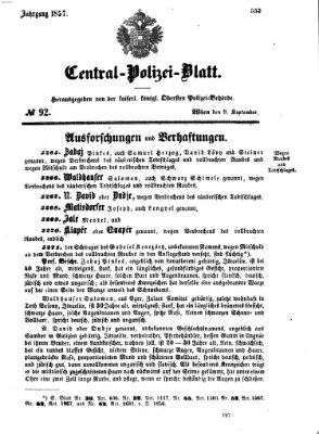 Zentralpolizeiblatt Mittwoch 9. September 1857