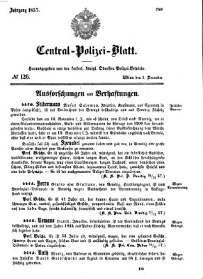 Zentralpolizeiblatt Dienstag 1. Dezember 1857