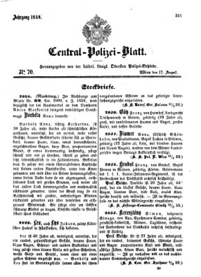 Zentralpolizeiblatt Dienstag 17. August 1858