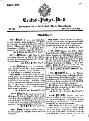 Zentralpolizeiblatt Mittwoch 4. Mai 1859