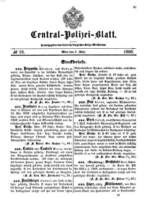 Zentralpolizeiblatt Samstag 3. März 1860