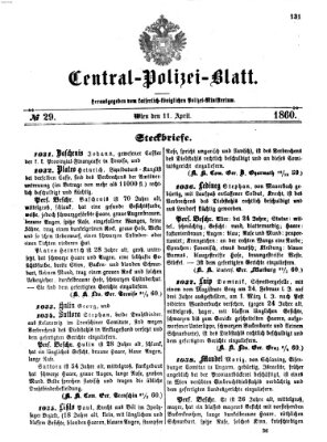 Zentralpolizeiblatt Mittwoch 11. April 1860