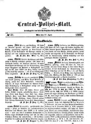 Zentralpolizeiblatt Dienstag 17. April 1860