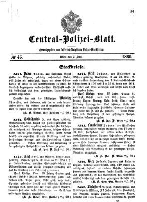 Zentralpolizeiblatt Samstag 2. Juni 1860