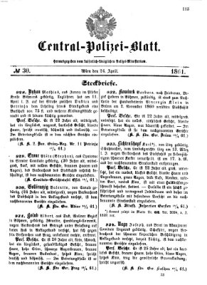 Zentralpolizeiblatt Mittwoch 24. April 1861